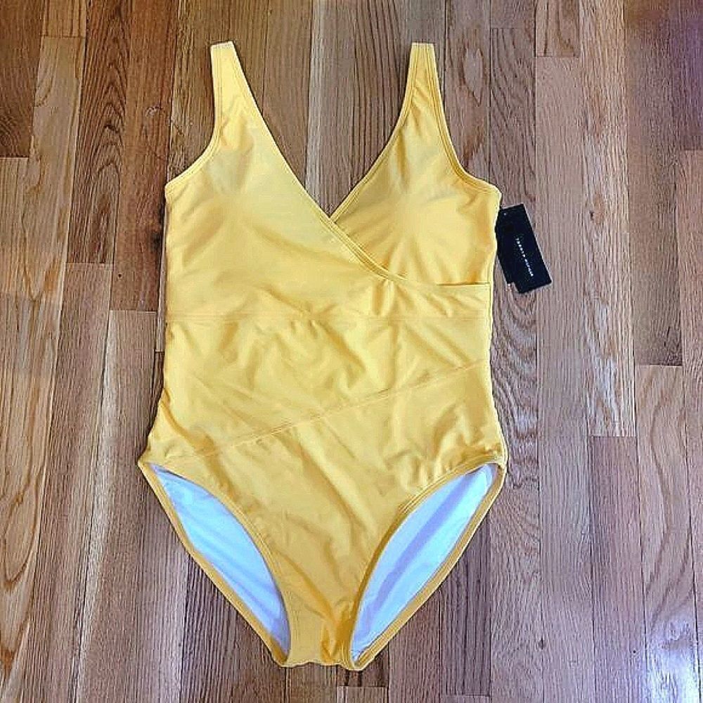 Tommy Hilfiger Women's Honey Yellow V-neck One Piece Swimsuit Size 14.